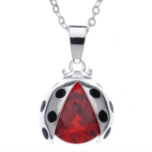 Women Sterling Silver overlay Red Ruby Stone Swarovski Crystal Ladybug Necklace - Picture 3 of 10
